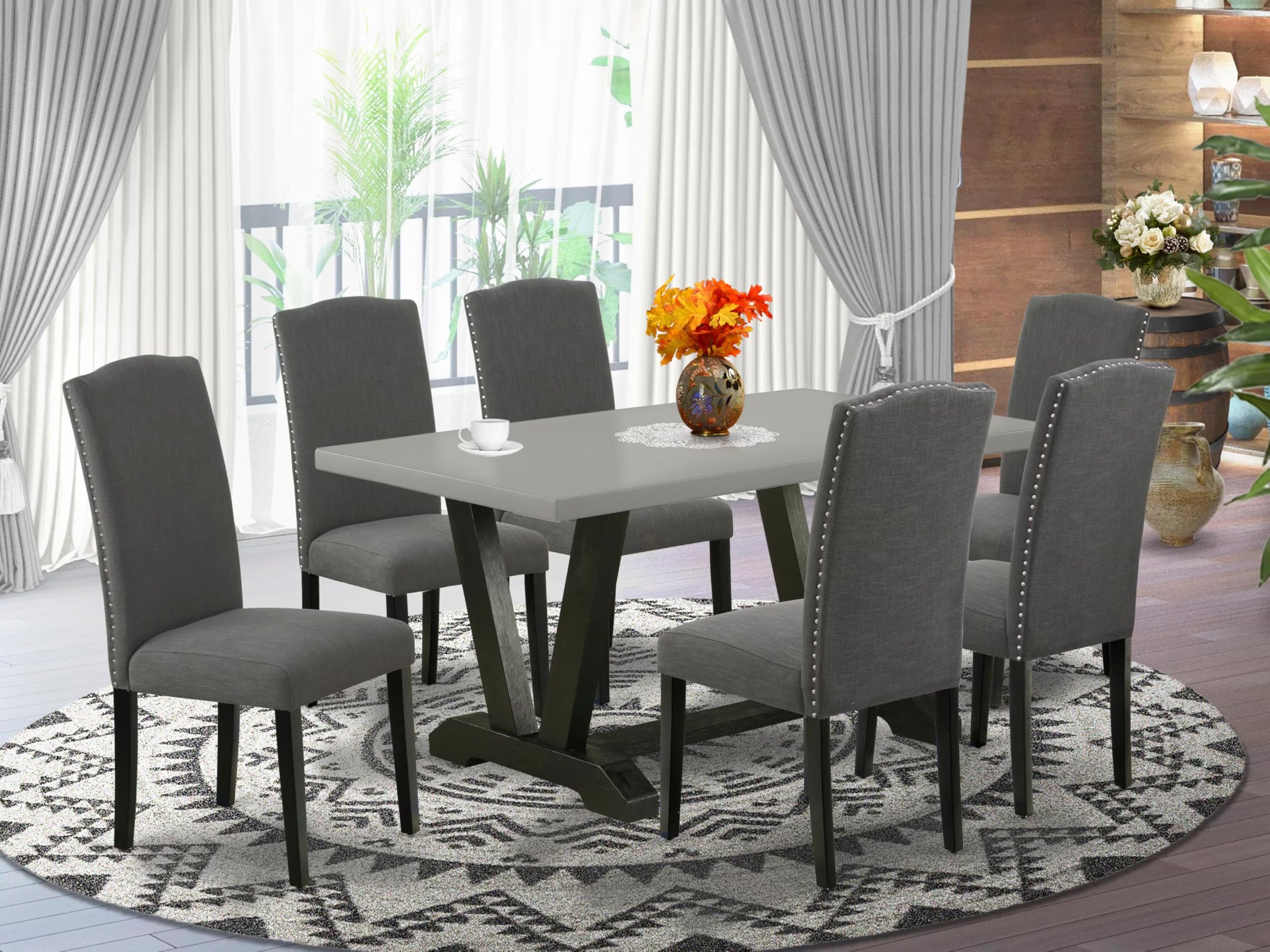 East West Furniture V696En120-7 7 Piece Dining Room Table Set Consist Of A Rectangle Kitchen Table With V-Legs And 6 Dark Gotham Linen Fabric Parson Dining Chairs, 36X60 Inch, Multi-Color